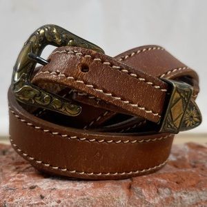 Rawhide belt western made in USA gold brass buckle leather narrow belt size 36